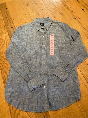 GAP Linen Blend L/S  Button Down Shirt Chambray Blue Size SMALL